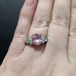 Silver Tone Pink Oval and Clear Rhinestone CZ Statement Ring - size 7